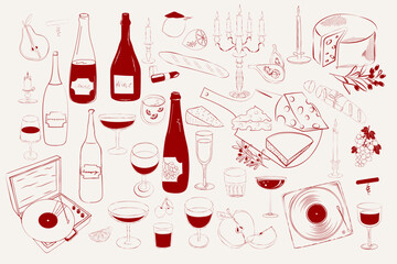 Сollection of cheese and wine illustration in sketch style. Editable vector illustration. - obrazy, fototapety, plakaty