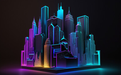Futuristic Chicago Cityscape, Neon Lights, city in the night