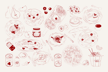 Collection of food, delicacies and dishes. A set meal for dinner. Pasta, seafood, pizza, cake. Editable vector illustration. - obrazy, fototapety, plakaty