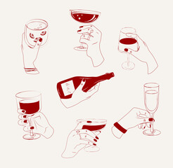 Collage of hands holding various wine bottle and wine glasses. Delicious wine degustation. Concept of alcohol, drink, party, degustation, holiday. Editable vector illustration.