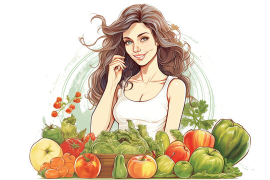Woman smiling is surrounded by fresh fruits, vegetables, and other nutritious foods