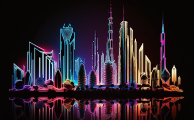 Futuristic Dubai Cityscape, Neon Lights, 
city skyline