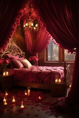 Fototapeta premium Romantic room interior with pink curtains and red hearts. Valentine's day concept.