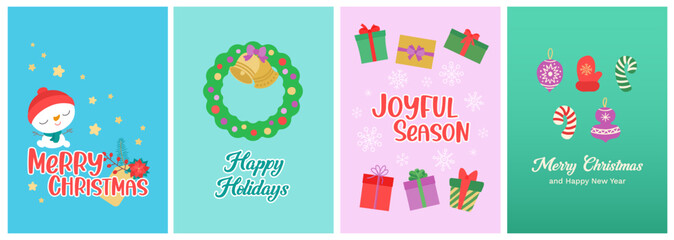 Cute Christmas cards with wreath, mitten, fun snowman, gift boxes. Cartoon vector illustration. Flat design. Merry Christmas and happy new yar text. Greeting card, banner, social media story template.