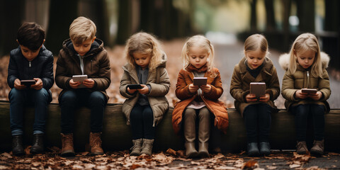 Technology danger and warning. Unhappy group of hypnotized kids who are bored, looking at their mobile or tablet device. Socializing and playing today on child playgrounds. Kids emotional isolation - obrazy, fototapety, plakaty