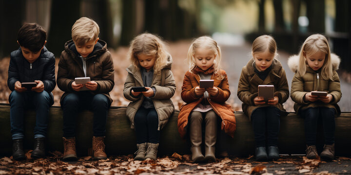 Technology danger and warning. Unhappy group of hypnotized kids who are bored, looking at their mobile or tablet device. Socializing and playing today on child playgrounds. Kids emotional isolation