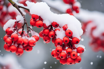 Red holly berries on tree branch covered in snow in winter