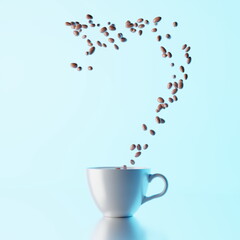 Coffee mug on a wet table, coffee beans falling inside the mug on a white background. Caffeine espresso drink. 3d render