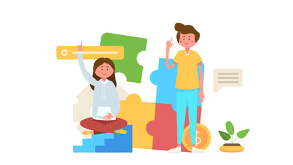 Two people are standing in front of big staircase and shapes background