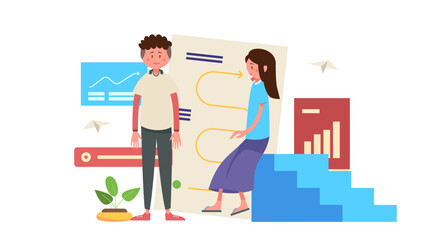 Two people are standing in front of big staircase and shapes background