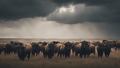 A herd of wild buffaloes standing under a stormy sky - obrazy, fototapety, plakaty