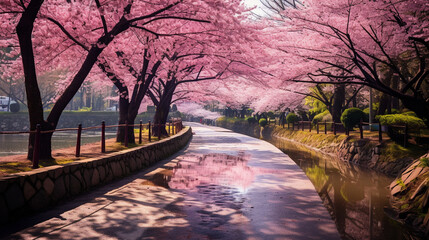 Road through a Japanese garden with cherry blossoms and sakura. - obrazy, fototapety, plakaty