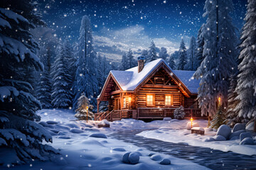 picture of a cozy cabin surrounded by snow - obrazy, fototapety, plakaty