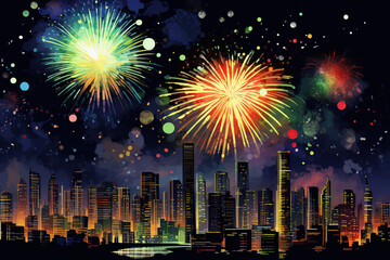 Cityscape with fireworks on the night sky background. Vector illustration. 