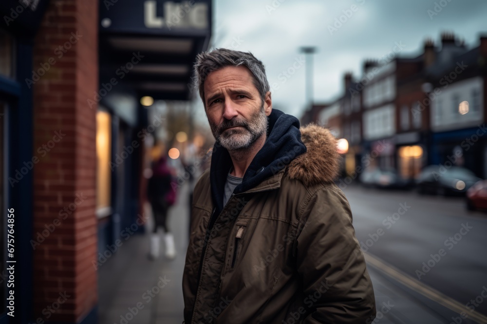 Poster Portrait of a handsome middle aged man with grey hair and beard wearing a brown down jacket in an urban setting