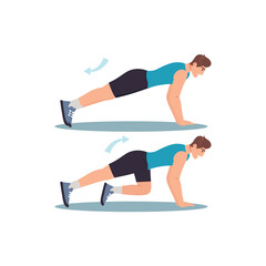 Concept Men's workout in the flat cartoon design. The image shows instructions for performing an exercise to pump up the press. Vector illustration.