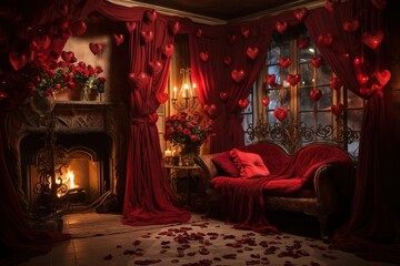 Obraz premium Romantic evening in the interior of a room with a red hearts. Valentine's day concept.
