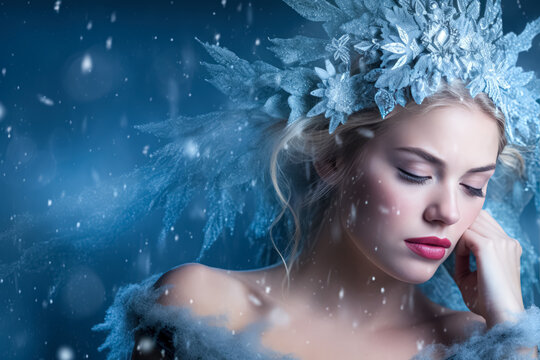 A young woman symbolizing winter, in the image of a fairytale winter fairy