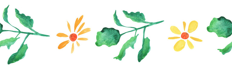 Watercolor botanic, Leaf and flower border. Seamless herbal composition for greeting card. Spring Border with leaves and flower isolated on white backgrond.