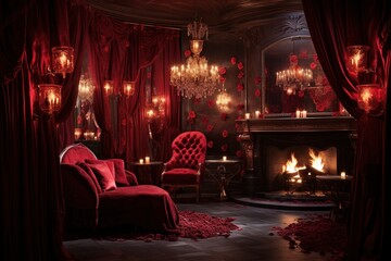 Obraz premium Romantic evening in the interior of a room with a red hearts. Valentine's day concept.