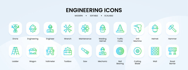 Engineering icon collection with blue and green gradient outline style. engineering, industry, construction, outline, engineer, technology, sign. Vector Illustration