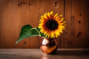 Artistic shot of a single sunflower in a copper metal vase, placed near a window, minimalist design, wooden surface background