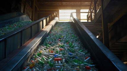 Close-up of Escalator with a pile of plastic bottles at the factory for processing and recycling. Recycling plant.