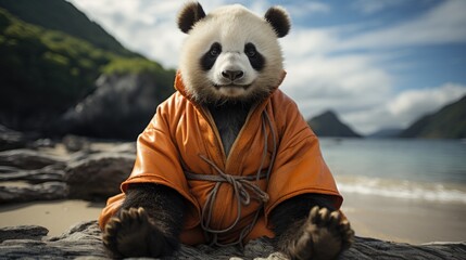 panda in kimono sits on the beach near the ocean with copy space, funny animal does yoga