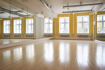 Bright dance hall with windows. Class with a bar for ballet lessons and choreography