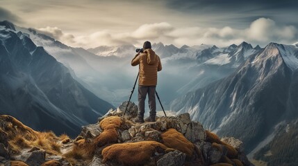 The photographer took a photo at the top of the mountain with a view of the snowy mountains - obrazy, fototapety, plakaty