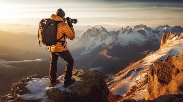 The photographer took a photo at the top of the mountain with a view of the snowy mountains