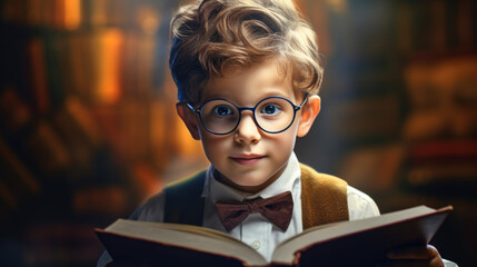 little boy Smart kid wearing glasses reading at library on chalkboard background and school room symbolizing the joy of education.