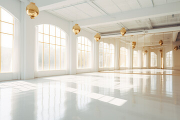 Bright dance hall with windows. Class with a bar for ballet lessons and choreography