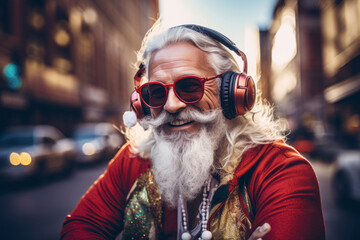 Portrait of a relaxing Santa Claus listening to music on headphones.