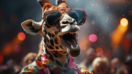 A cheerful giraffe in glasses dances at a party, funny animals on a bright masquerade background with copy space