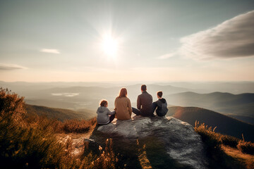 A family sits on a stone high in the mountains and looks into the distance. Mom, dad, children. Family concept, family values. Family recreation in nature. - obrazy, fototapety, plakaty