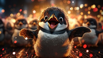 Dancing penguins at a disco party, a funny animal on a bright background. Holiday concept