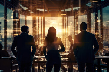 Group of business people silhouettes in modern office building and business network concept. Human resources. group of business people Management strategy - obrazy, fototapety, plakaty