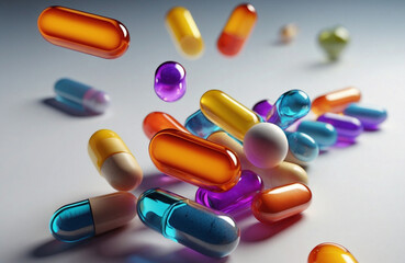 Closeup of capsules, floating colored pills, medicine concept.