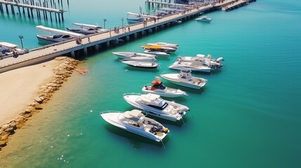 
Pier speedboats.This is usually the most popular tourist attractions on the beach.Yacht and sailboat is moored at the quay. Aerial view by drone. A marina lot. A sunny day