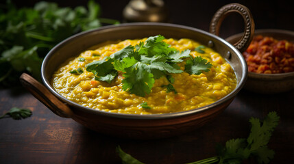 Indian dhal with red lentils garnished with coriander.