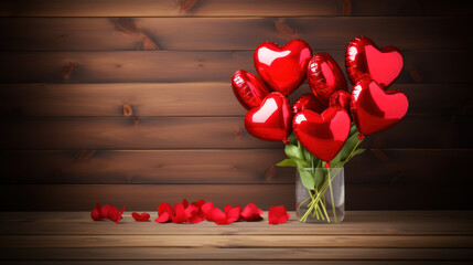 bouquet de ballons rouges en forme de cœur sur un fond bois - obrazy, fototapety, plakaty