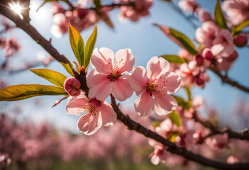 A peach branch with peach flowers and green leaves HD wallpaper