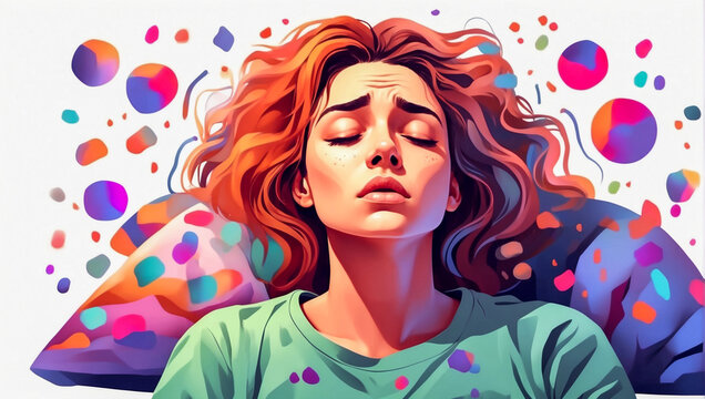 A woman suffering from insomnia taking drugs to sleep. Show those feelings with your face. Very tiring in a colorful. isolate on a white background. An illustration of auditory hallucinations. Mental 