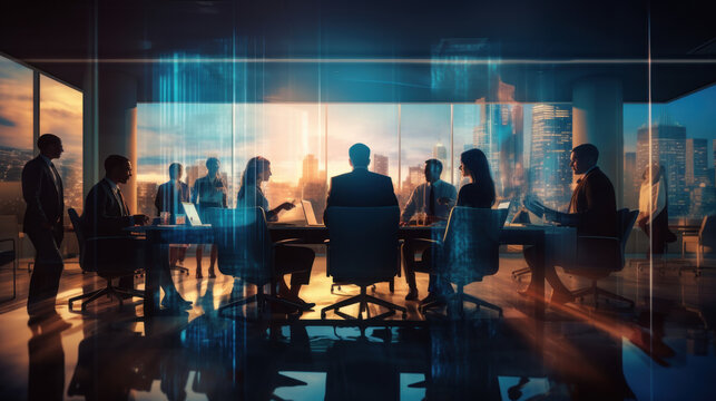 Group of business people silhouettes in modern office building and business network concept. Human resources. group of business people Management strategy