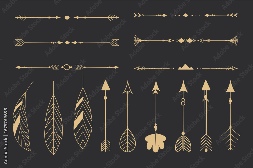 Wall mural Set golden tribal feathers line art native arrow ethnic indian in doodle style on dark background. Geometric boho elements. - Wall murals