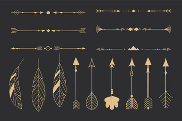 Set golden tribal feathers line art native arrow ethnic indian in doodle style on dark background. Geometric boho elements.
