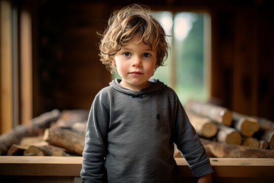 Portrait of a cute little boy looking at camera in the woods