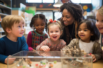 A group of children around a teacher. Collaborative learning and joy of early education.