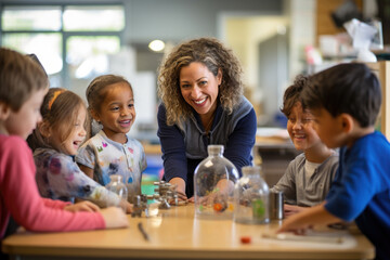 A group of children around a teacher. Collaborative learning and joy of early education.